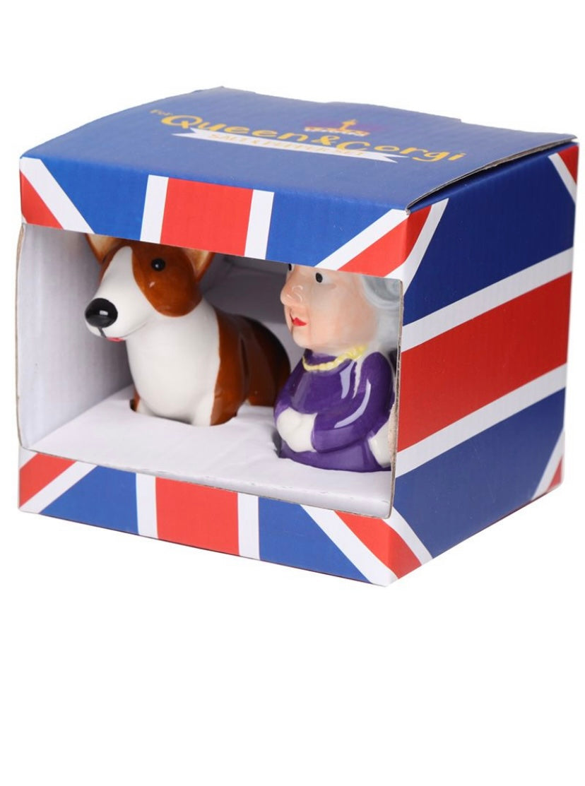 Ceramic Salt & Pepper Set- Queen & Corgi