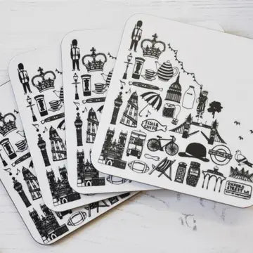 British Black and White Illustrated Coaster x 2