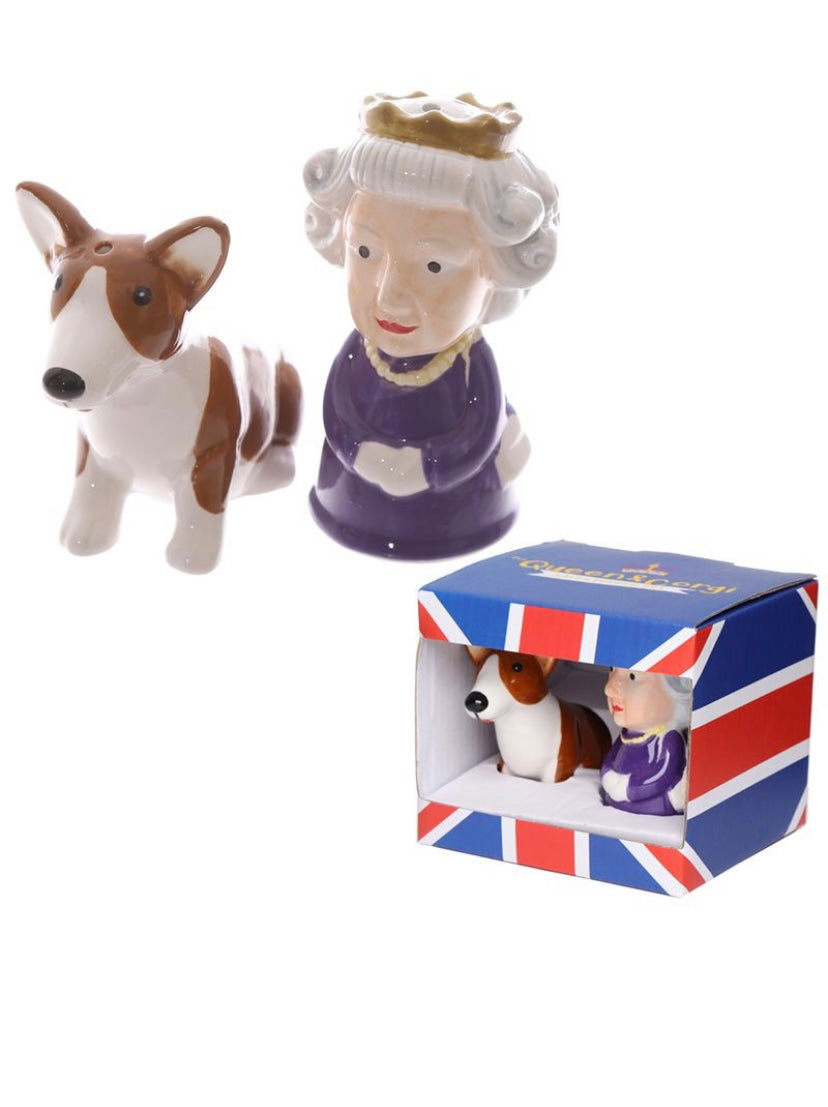 Ceramic Salt & Pepper Set- Queen & Corgi