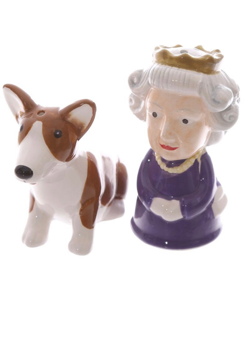 Ceramic Salt & Pepper Set- Queen & Corgi