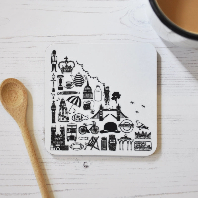 British Black and White Illustrated Coaster x 2