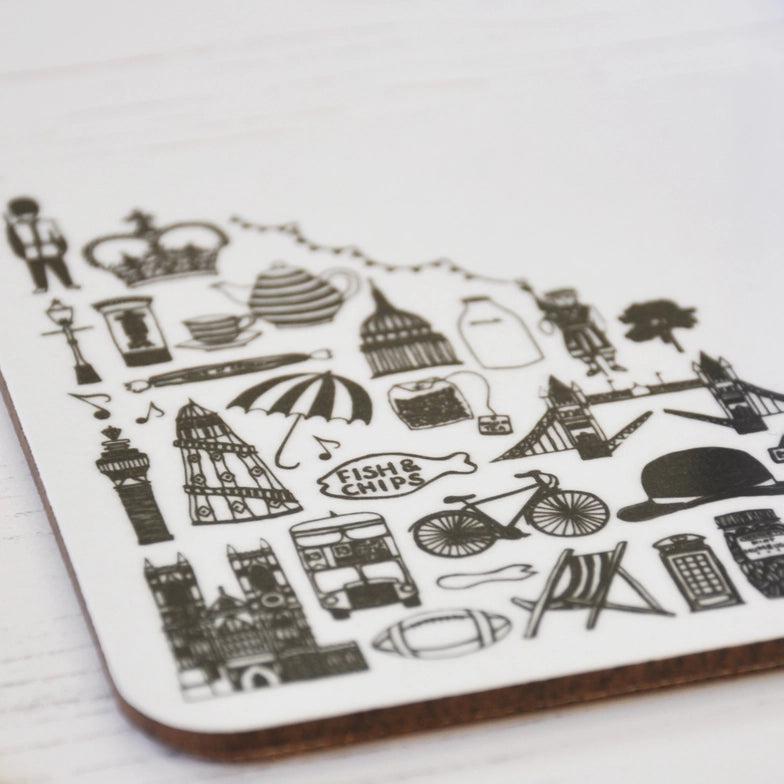 British Black and White Illustrated Coaster x 2